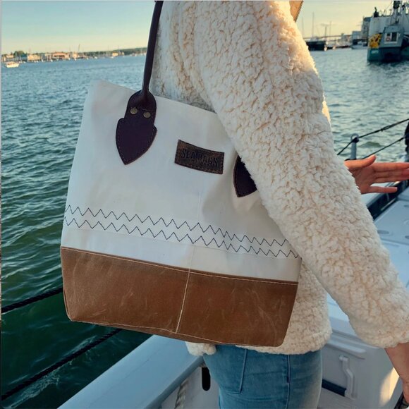 Sea Bags Chebeague Tote Recycled Sailcloth Leather Tan Waxed Canvas Made in USA - Picture 10 of 11